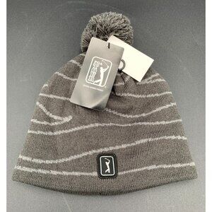 PGA Tour Pom Beanie Hat Gray Striped Design Knit Warm Winter Accessory